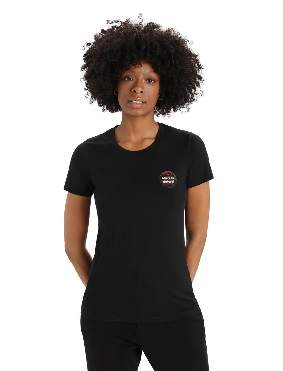 Black Women\'s Icebreaker Merino Tech Lite II Short Sleeve Natural Alps T Shirts | USA 1605VRWD